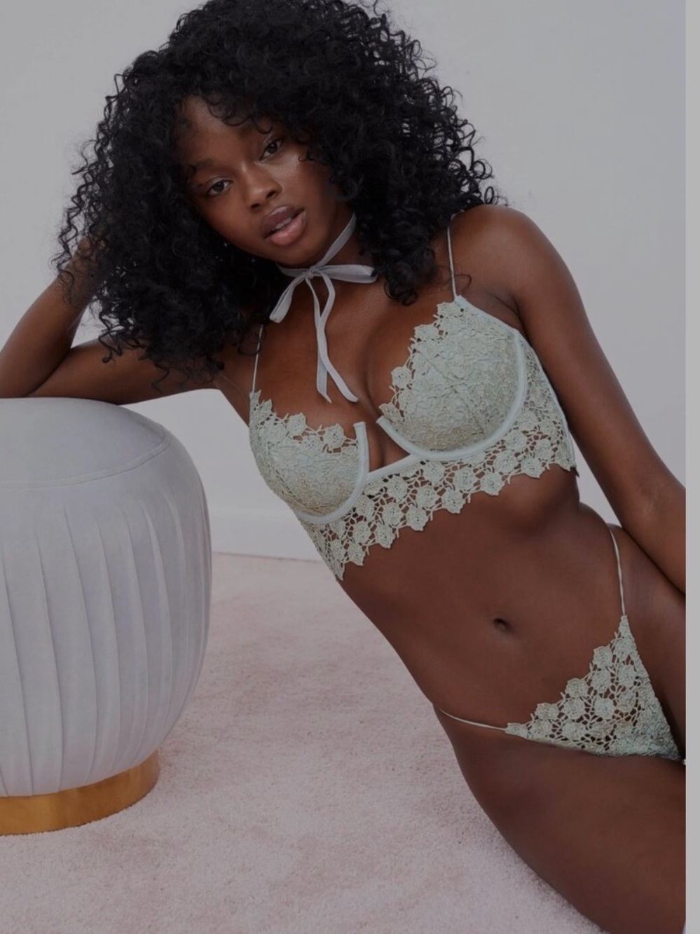 NWT For Love And Lemons sage Lace Embroidered Thong With Rhinestones Size XXS